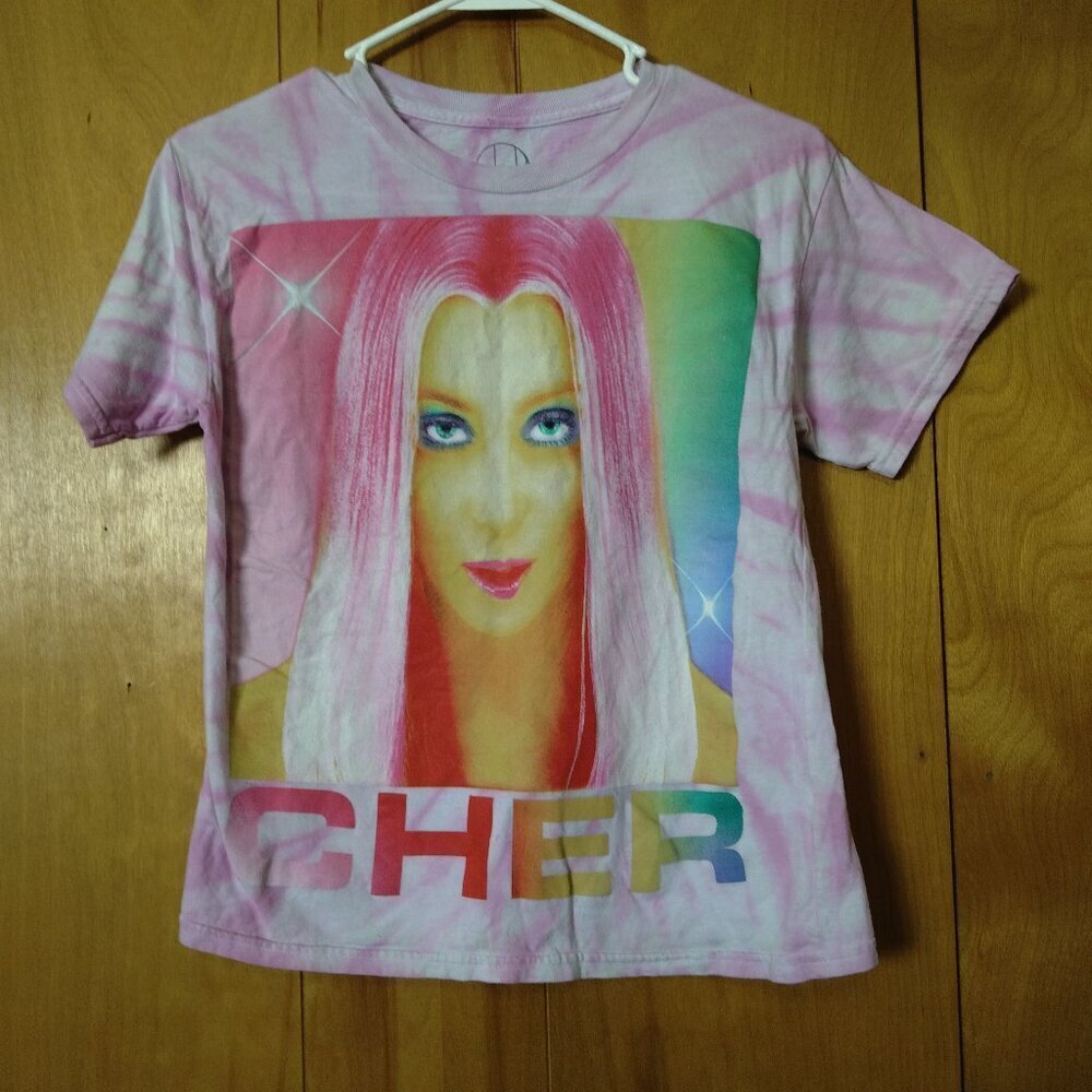 CHER Pink Tie Dye Graphic T-Shirt Short Sleeve Crew Neck Size XS Pullover